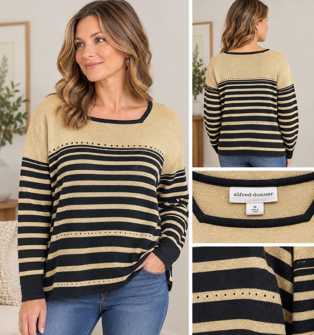 Alfred Dunner Gold Black Striped Knit Sweater Black Rhinestone Details Size 3X